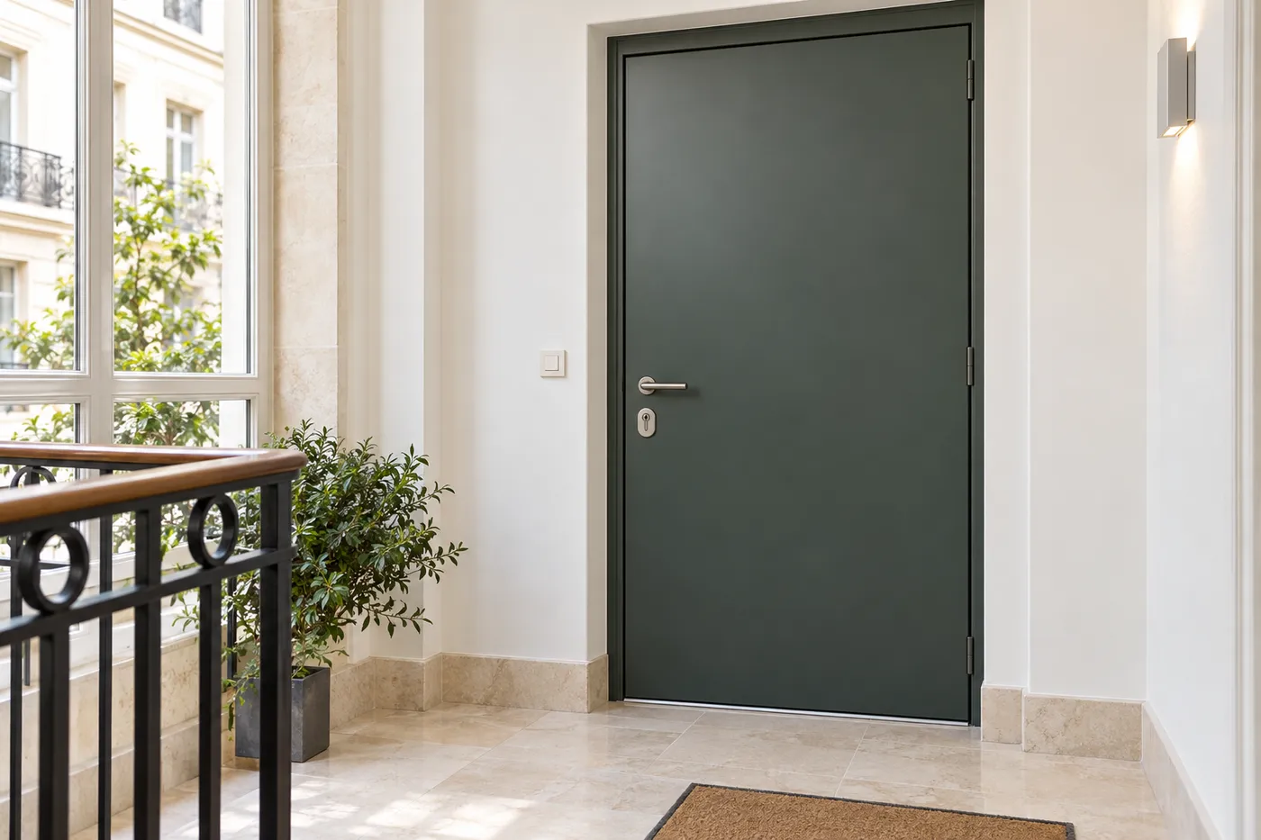 Porte d'appartement renforcée posée sur le palier clair d'une copropriété